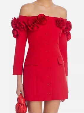 Lucy Paris Red Off-Shoulder Mini Dress with Rose Appliqués